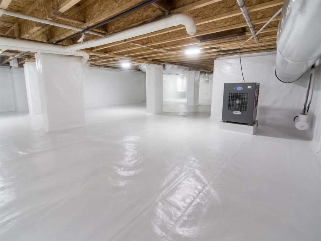 Bright, clean encapsulated crawl space with white vapor barrier and commercial dehumidifier