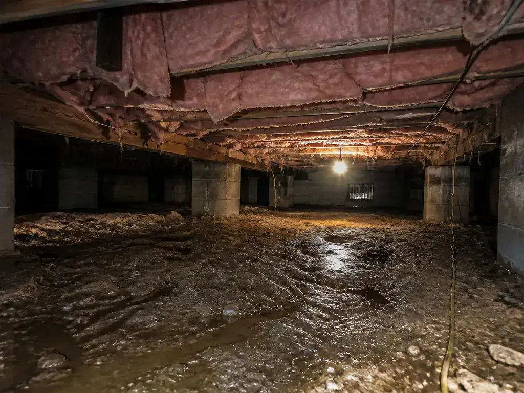 Dark, unsealed dirt crawl space with damp ground and sagging insulation