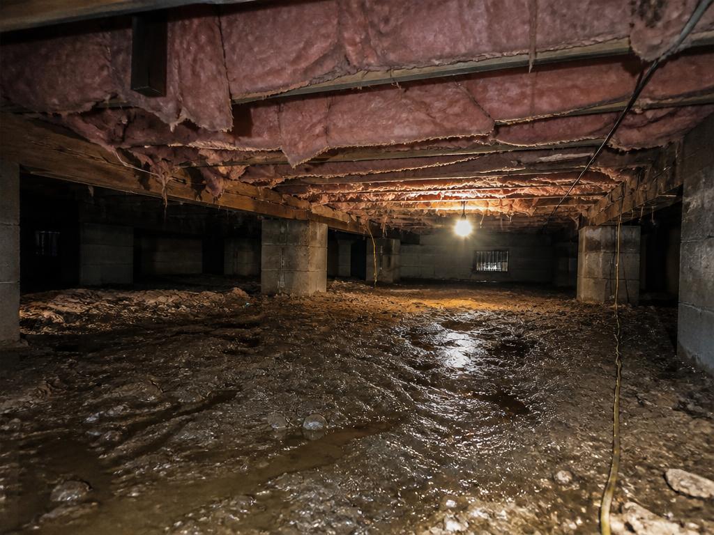 Dark, unsealed dirt crawl space with damp ground and sagging insulation