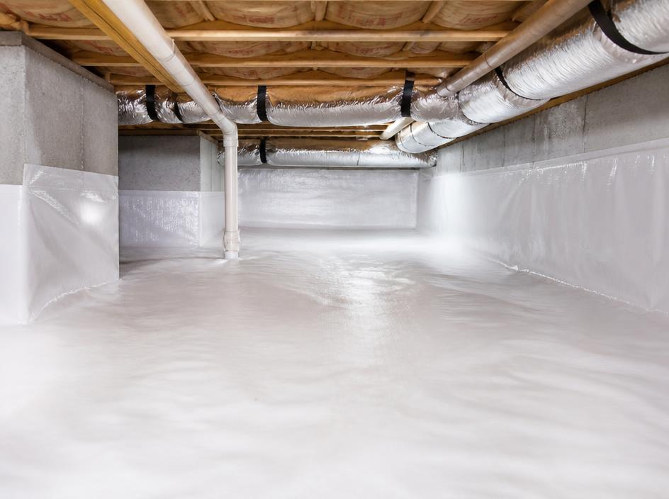 Clean white 20-mil vapor barrier running up foundation walls in a crawl space
